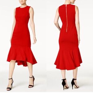Red, tulip hem, tea length dress by Calvin Klein.